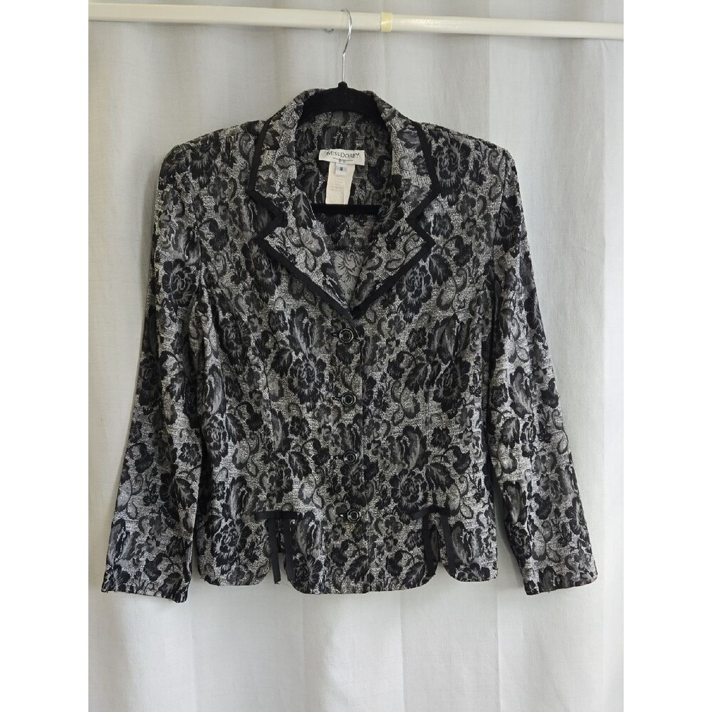 Metallic Black & Silver Floral Jacquard Notch-Collar Blazer